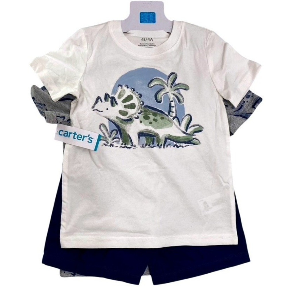 Carters Boys 3pc Dinosaur Shirt and Shorts Set 4T White Grey Navy NWT